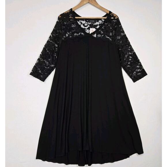 Karen Kane Swing Midi Dress 2X Black Knit Lace Yoke Long Sleeve Whimsigoth Boho - Picture 15 of 15